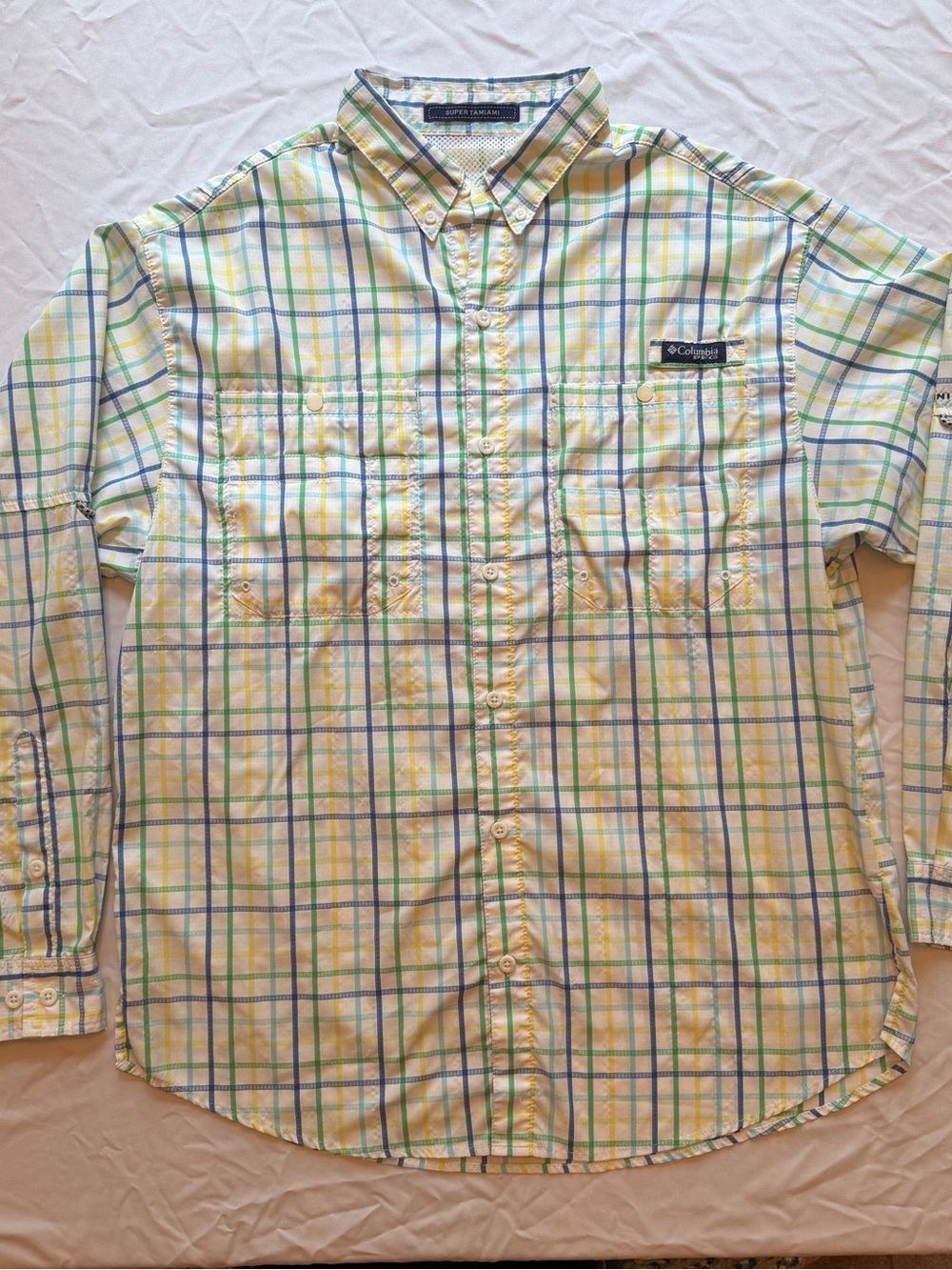 Columbia Super Tamiami PFG Men’s Yellow & Green Plaid Button-Down Shirt, Size L